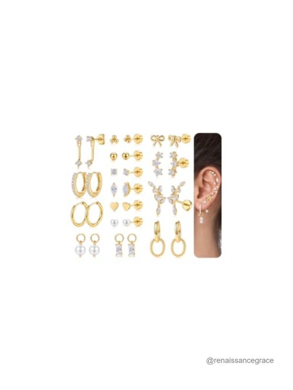 15 Pair Gold Plated Stud Earring Set for Women Hypoallergenic Flat Back